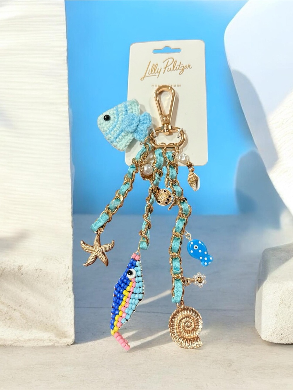 Lilly Pulitzer Turquoise and Gold Beaded Sea Life Bag Charm Keychain